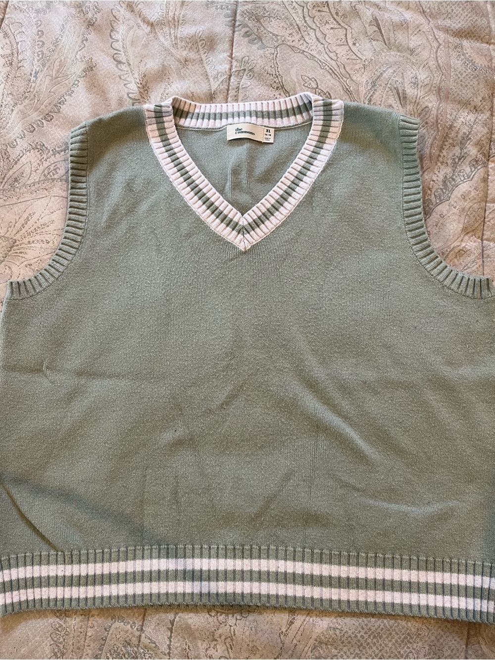 Kids V-Neck Sweater Vest - Sage Green with White Trim